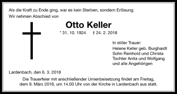 Traueranzeige von Otto Keller von Giessener Allgemeine, Alsfelder Allgemeine