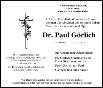 Traueranzeige von Paul Görlich von Giessener Allgemeine, Alsfelder Allgemeine