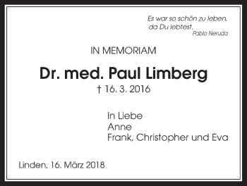 Traueranzeige von Paul Limberg von Giessener Allgemeine, Alsfelder Allgemeine