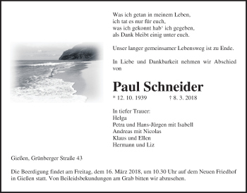 Traueranzeige von Paul Schneider von Giessener Allgemeine, Alsfelder Allgemeine