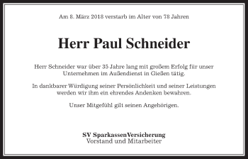 Traueranzeige von Paul Schneider von Giessener Allgemeine, Alsfelder Allgemeine