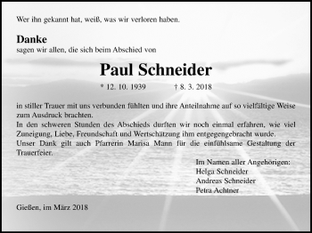 Traueranzeige von Paul Schneider von Giessener Allgemeine, Alsfelder Allgemeine