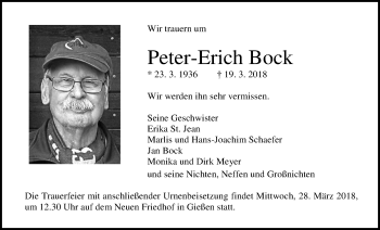 Traueranzeige von Peter-Erich Bock von Giessener Allgemeine, Alsfelder Allgemeine