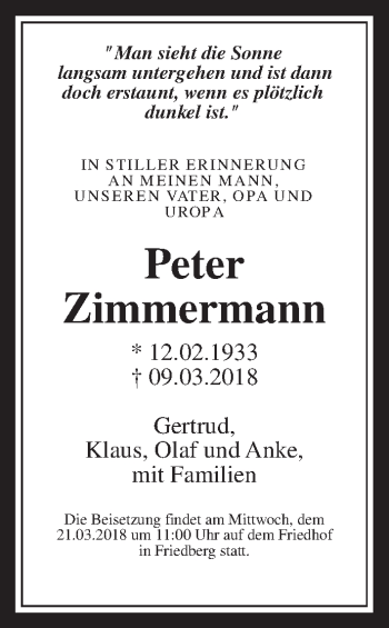 Traueranzeige von Peter Zimmermann von Wetterauer Zeitung, Wetterauer Zeitung