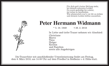 Traueranzeige von Peter Hermann Widmann von Wetterauer Zeitung, Wetterauer Zeitung