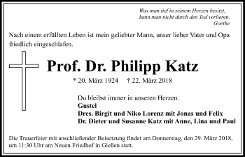 Traueranzeige von Philipp Katz von Giessener Allgemeine, Alsfelder Allgemeine