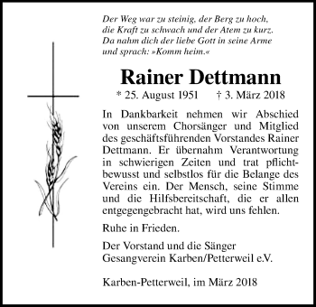 Traueranzeige von Rainer Dettmann von Wetterauer Zeitung