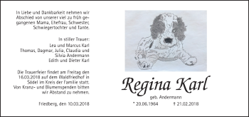 Traueranzeige von Regina Karl von Wetterauer Zeitung, Wetterauer Zeitung