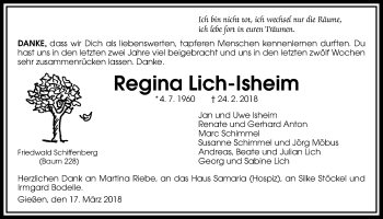 Traueranzeige von Regina Lich-Isheim von Giessener Allgemeine, Alsfelder Allgemeine