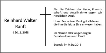 Traueranzeige von Reinhard Walter Ranft von Giessener Allgemeine, Alsfelder Allgemeine