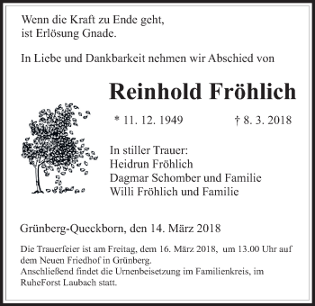 Traueranzeige von Reinhold Fröhlich von Giessener Allgemeine, Alsfelder Allgemeine