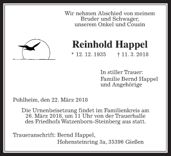 Traueranzeige von Reinhold Happel von Pohlheimer Nachrichten