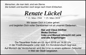 Traueranzeige von Renate Lückel von Giessener Allgemeine, Alsfelder Allgemeine