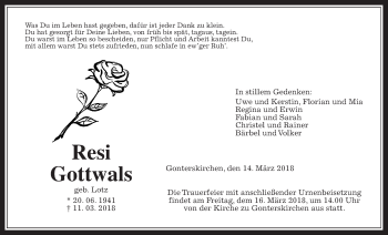 Traueranzeige von Resi Gottwals von Giessener Allgemeine, Alsfelder Allgemeine