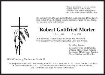 Traueranzeige von Robert Gottfried Mörler von Wetterauer Zeitung, Wetterauer Zeitung