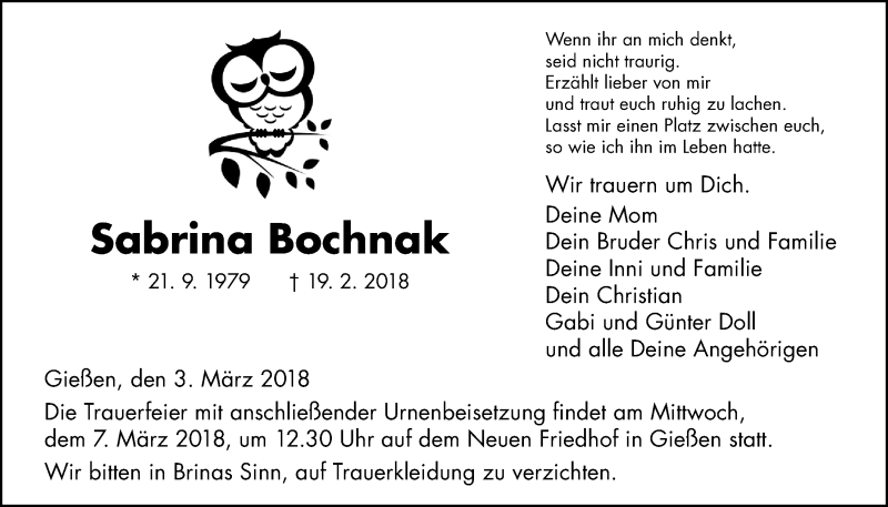  Traueranzeige für Sabrina Bochnak vom 03.03.2018 aus Giessener Allgemeine, Alsfelder Allgemeine