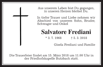 Traueranzeige von Salvatore Frediani von Wetterauer Zeitung, Wetterauer Zeitung