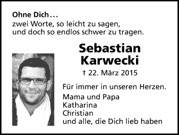 Traueranzeige von Sebastian Karwecki von Wetterauer Zeitung, Wetterauer Zeitung