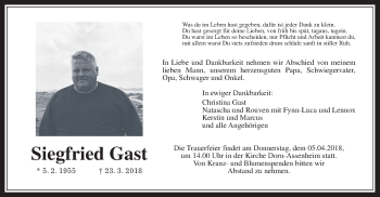 Traueranzeige von Siegfried Gast von Wetterauer Zeitung, Wetterauer Zeitung