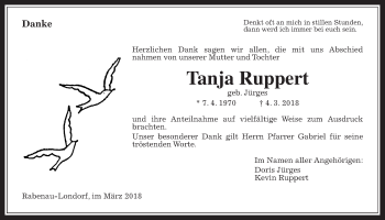 Traueranzeige von Tanja Ruppert von Rabenauer Zeitung