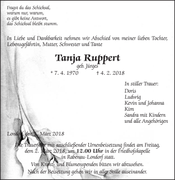 Traueranzeige von Tanja Ruppert von Rabenauer Zeitung