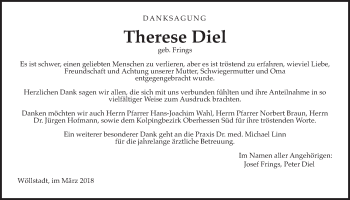 Traueranzeige von Therese Diel von Wetterauer Zeitung, Wetterauer Zeitung