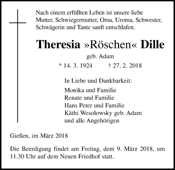 Traueranzeige von Theresia Dille von Giessener Allgemeine, Alsfelder Allgemeine