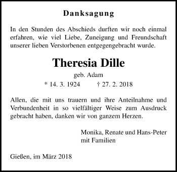 Traueranzeige von Theresia Dille von Giessener Allgemeine, Alsfelder Allgemeine