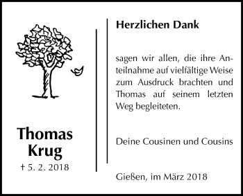 Traueranzeige von Thomas Krug von Giessener Allgemeine, Alsfelder Allgemeine