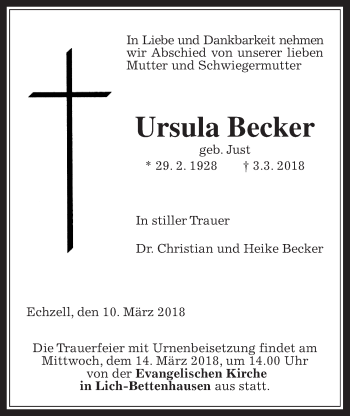 Traueranzeige von Ursula Becker von Giessener Allgemeine, Alsfelder Allgemeine, Wetterauer Zeitung, Wetterauer Zeitung