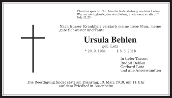 Traueranzeige von Ursula Behlen von Wetterauer Zeitung, Wetterauer Zeitung