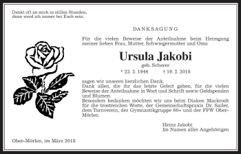 Traueranzeige von Ursula Jakobi von Wetterauer Zeitung, Wetterauer Zeitung