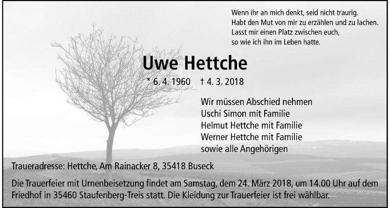  Traueranzeige für Uwe Hettche vom 21.03.2018 aus Giessener Allgemeine, Alsfelder Allgemeine