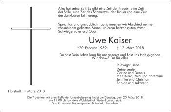 Traueranzeige von Uwe Kaiser von Wetterauer Zeitung, Wetterauer Zeitung