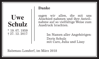 Traueranzeige von Uwe Schulz von Rabenauer Zeitung