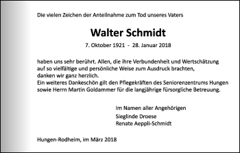 Traueranzeige von Walter Schmidt von Licher Wochenblatt, Licher Wochenblatt, Licher Wochenblatt