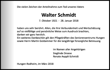Traueranzeige von Walter Schmidt von Giessener Allgemeine, Alsfelder Allgemeine