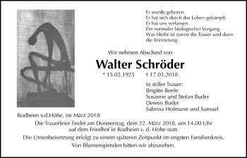 Traueranzeige von Walter Schröder von Wetterauer Zeitung, Wetterauer Zeitung
