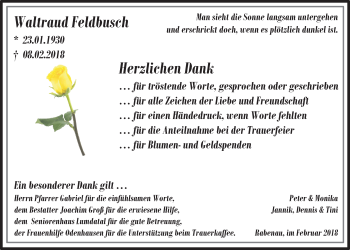 Traueranzeige von Waltraud Feldbusch von Rabenauer Zeitung