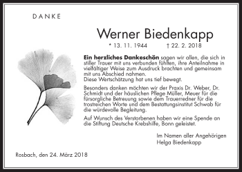 Traueranzeige von Werner Biedenkapp von Wetterauer Zeitung, Wetterauer Zeitung