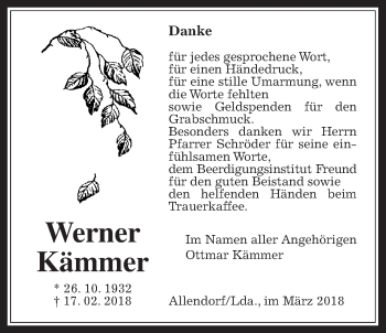 Traueranzeige von Werner Kämmer von Allendorfer Mitteilungen