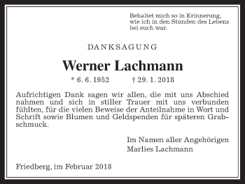 Traueranzeige von Werner Lachmann von Wetterauer Zeitung, Wetterauer Zeitung