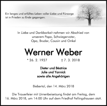 Traueranzeige von Werner Weber von Giessener Allgemeine, Alsfelder Allgemeine