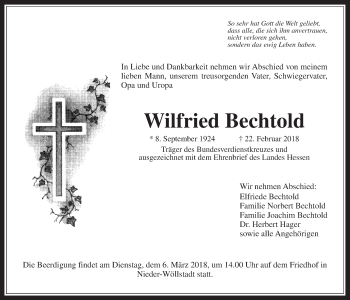 Traueranzeige von Wilfried Bechtold von Wetterauer Zeitung, Wetterauer Zeitung