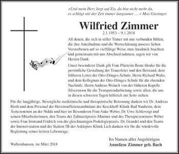 Traueranzeige von Wilfried Zimmer von Licher Wochenblatt, Licher Wochenblatt, Licher Wochenblatt