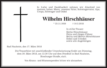 Traueranzeige von Wilhelm Hirschhäuser von Wetterauer Zeitung, Wetterauer Zeitung