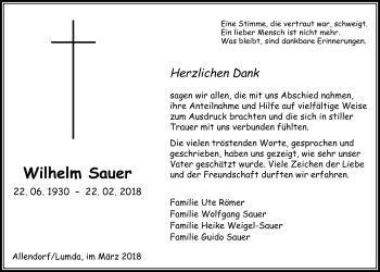 Traueranzeige von Wilhelm Sauer von Giessener Allgemeine, Alsfelder Allgemeine