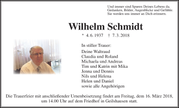 Traueranzeige von Wilhelm Schmidt von Giessener Allgemeine, Alsfelder Allgemeine