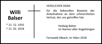 Traueranzeige von Willi Balser von Giessener Allgemeine, Alsfelder Allgemeine