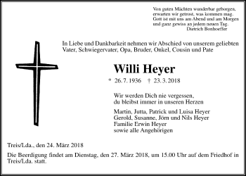 Traueranzeige von Willi Heyer von Giessener Allgemeine, Alsfelder Allgemeine